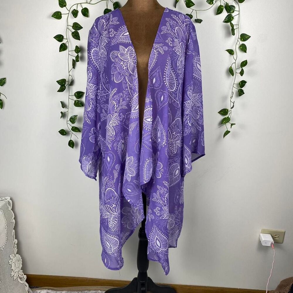 K. Jordan purple white paisley print kimono cardigan open ruffle waterfall front